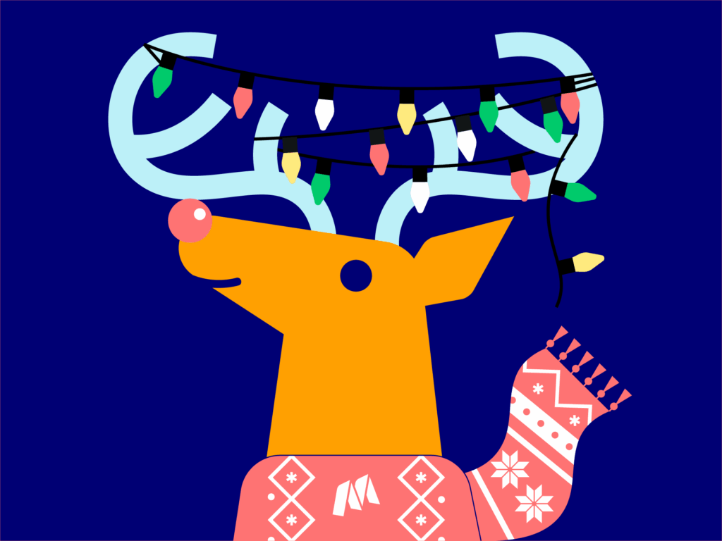 An illustration of a reindeer with a shiny nose and Christmas lights tangled in its antlers, showing creativity and representing the in-house graphic design work of Mindful Education.