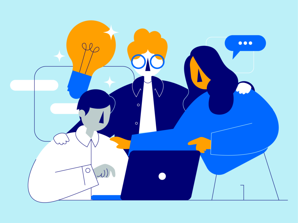 An illustration showing three characters looking at a laptop, symbolising collaboration and lifelong learning.