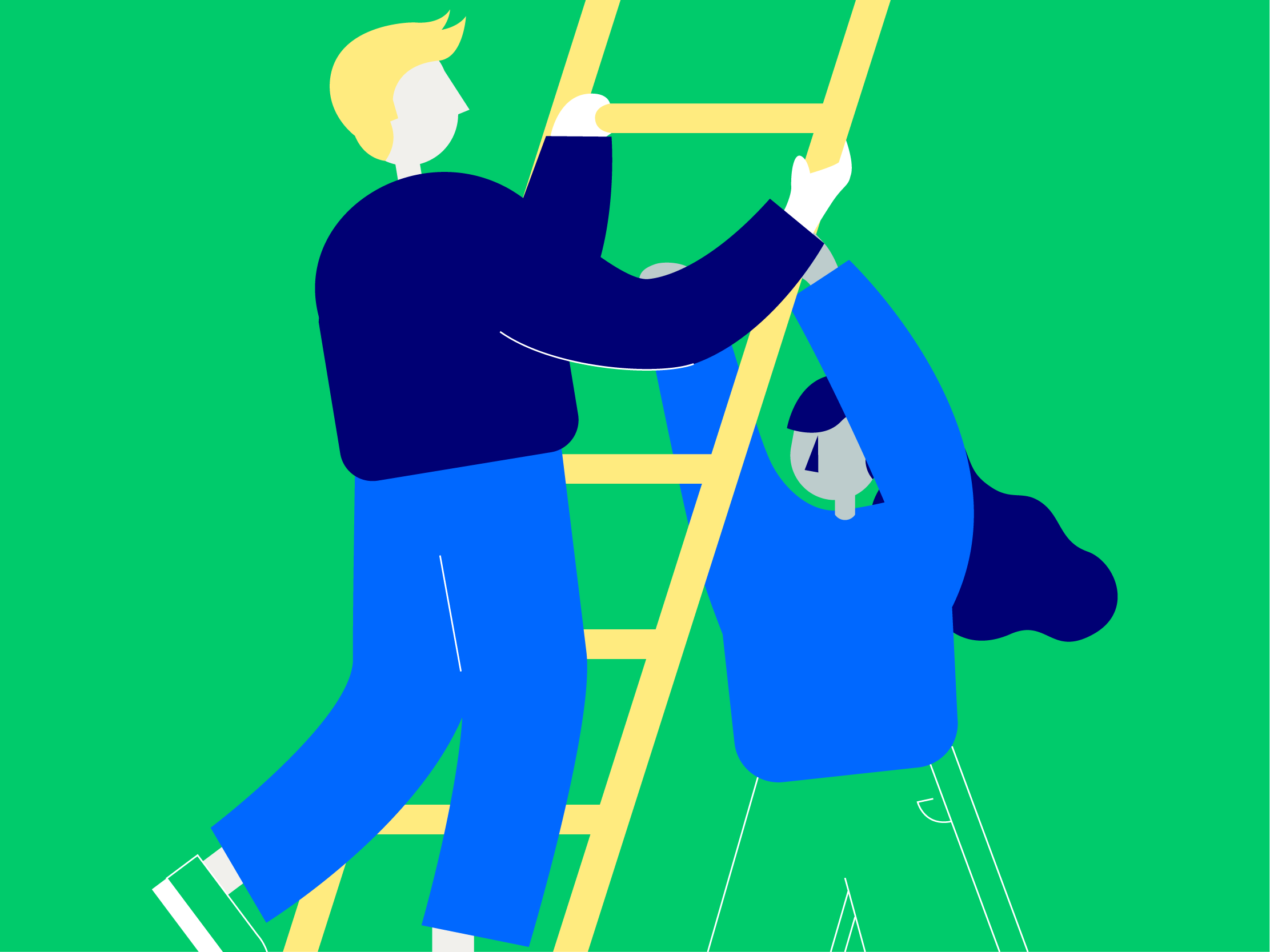 Illustration of a man climbing up a ladder, helped by a woman holding the ladder so he can ascend.