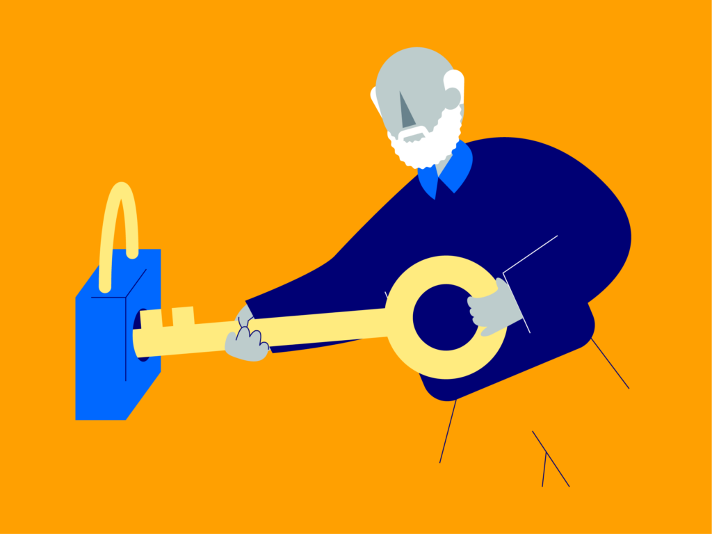 An illustration of a character using a large key to open a lock, representing unlocking new potential.