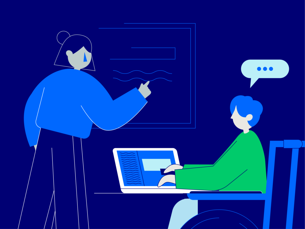 An illustration of a tutor delivering a professional course to an Online and On Campus learner.