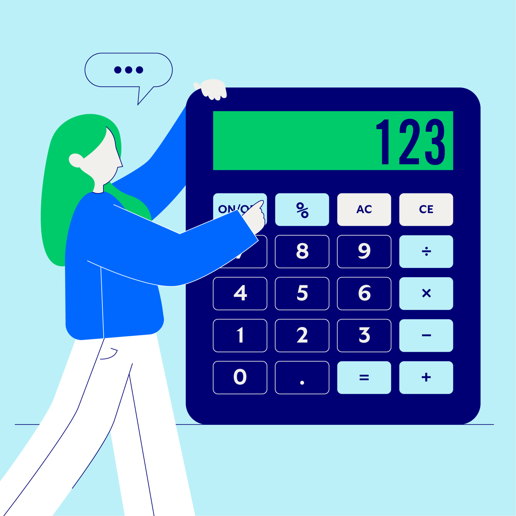 An illustration showing a character stood next to a calculator and pressing it's buttons.