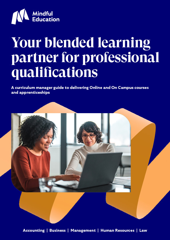 A cover image of the Mindful Education Curriculum Manager brochure, showing an image of two employees working together on a laptop